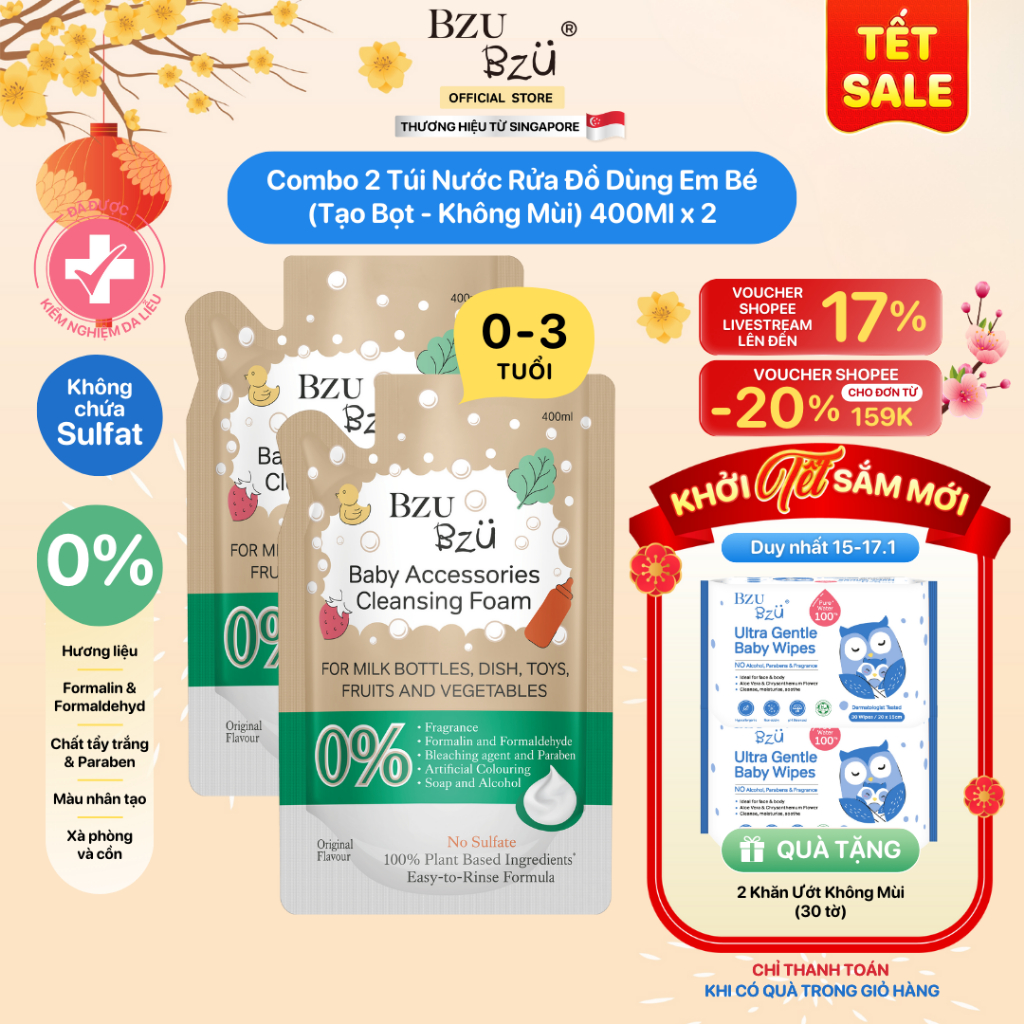 [Tặng 2 khăn ướt] Combo 2 Túi Nước Rửa Bình Sữa Và Đồ Dùng Em Bé BZU BZU Túi Refill 400ml Thuần Thực Vật, Không Mùi