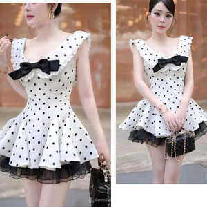 Đầm nữ sát nách nơ đen có quần rời bánh bèo hottrend Váy 2 dây chấm bi cổ sen phối bèo dáng xòe ngắn phối voan tơ T288G