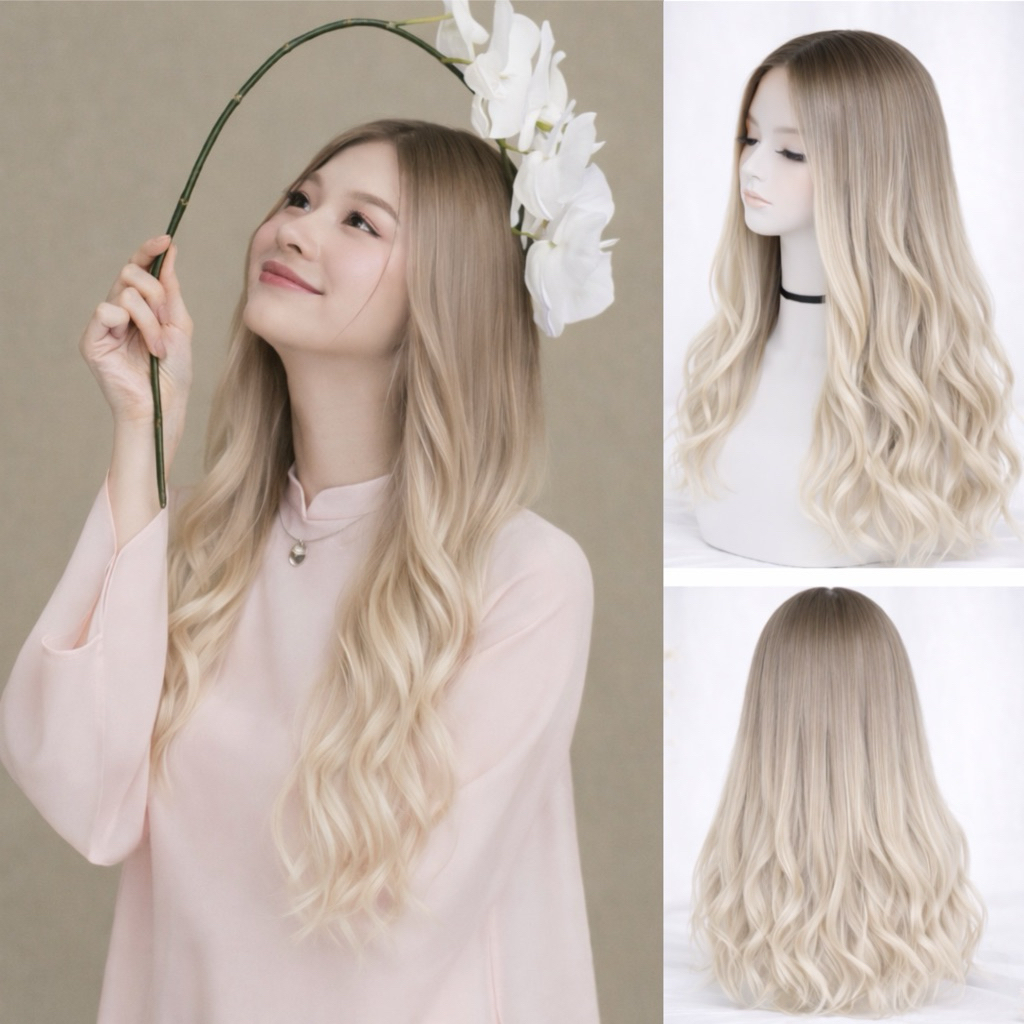 TÓC GIẢ LƯỚI HOA OMBRE NÂU KHÓI BẠCH KIM SÀNH ĐIỆU DIỆN LỄ, ÁO DÀI CỰC NỔI BẬT ĐỘ DÀI 50-55CM TẶNG LƯỚI TRÙM