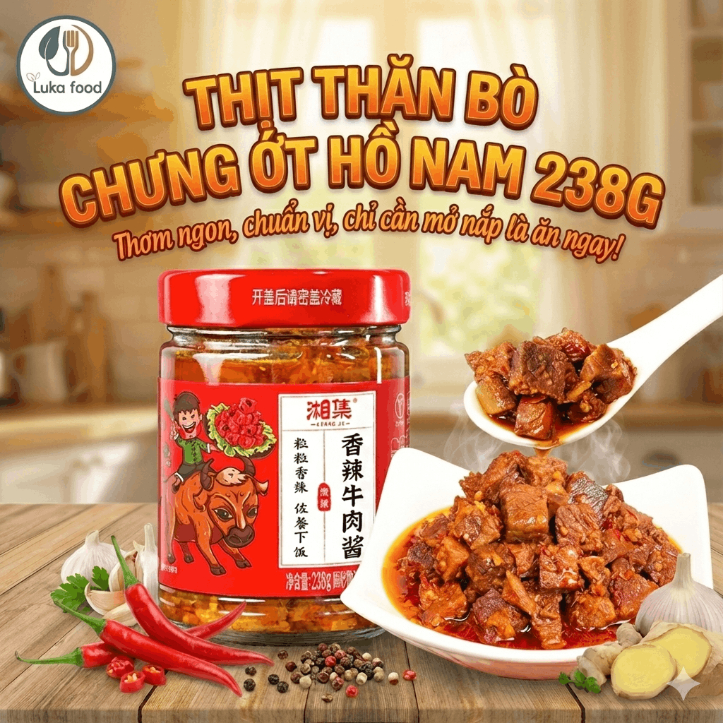 Thịt Bò Chưng Ớt Số 8 Xiangyi 238g - Nhiều Thịt, Nấm Đùi Gà & Đậu Phộng Ngon Đặc Sản Hồ Nam Cay Thơm, Trộn Cơm/Mì Luka