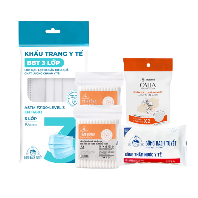 [QUÀ TẶNG KHÔNG BÁN] Combo 5 quà: Bông y tế + 2 tăm bông + bông xỏ ngón + khẩu trang 3 lớp trắng