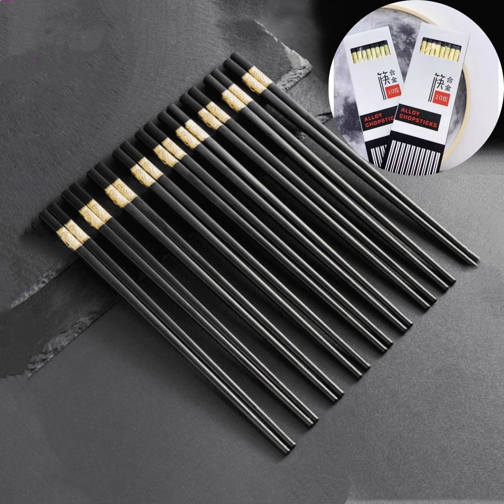 Bộ 10 Đôi Đũa Mạ Vàng, Đũa Hợp Kim Chống Mốc Hàn Quốc Đũa Ăn Chống Trơn Bền Màu Tiện Lợi
