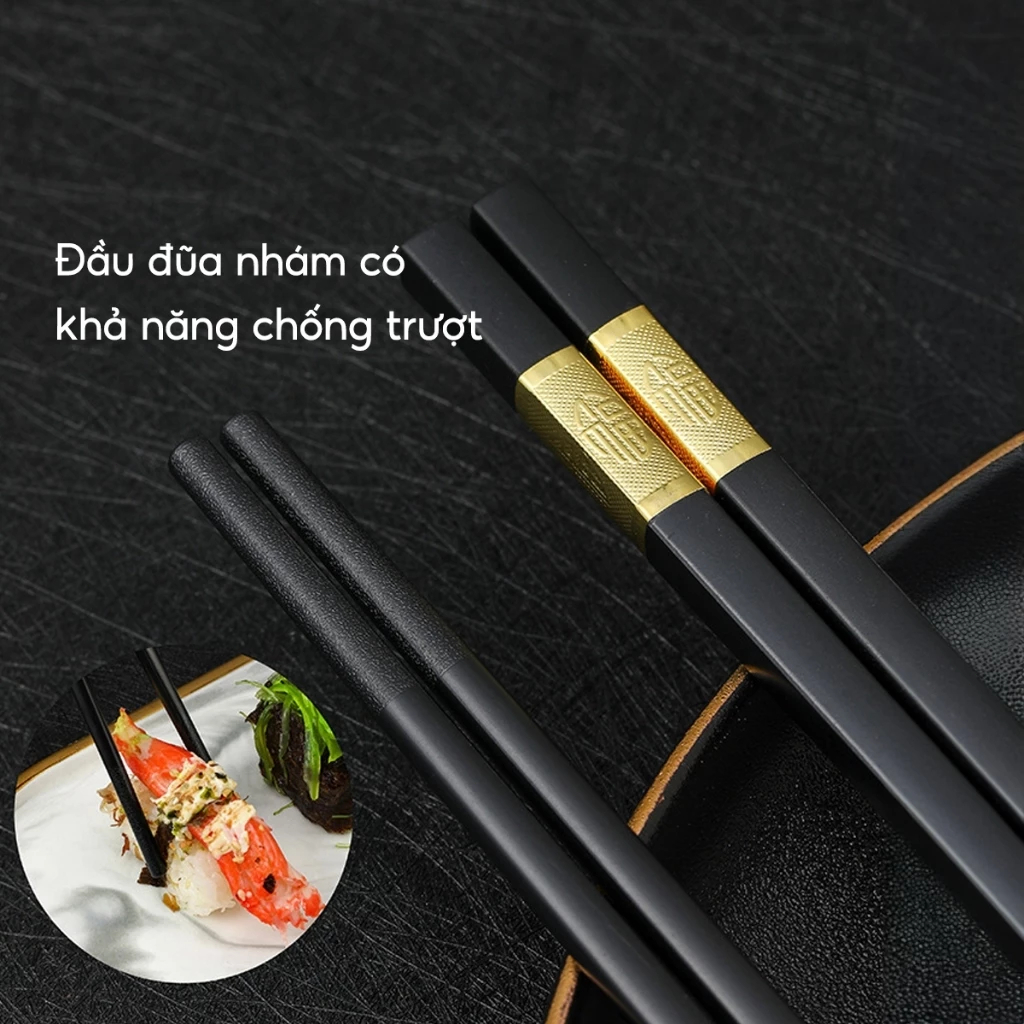 Bộ 10 Đôi Đũa Mạ Vàng, Đũa Hợp Kim Chống Mốc Hàn Quốc Đũa Ăn Chống Trơn Bền Màu Tiện Lợi