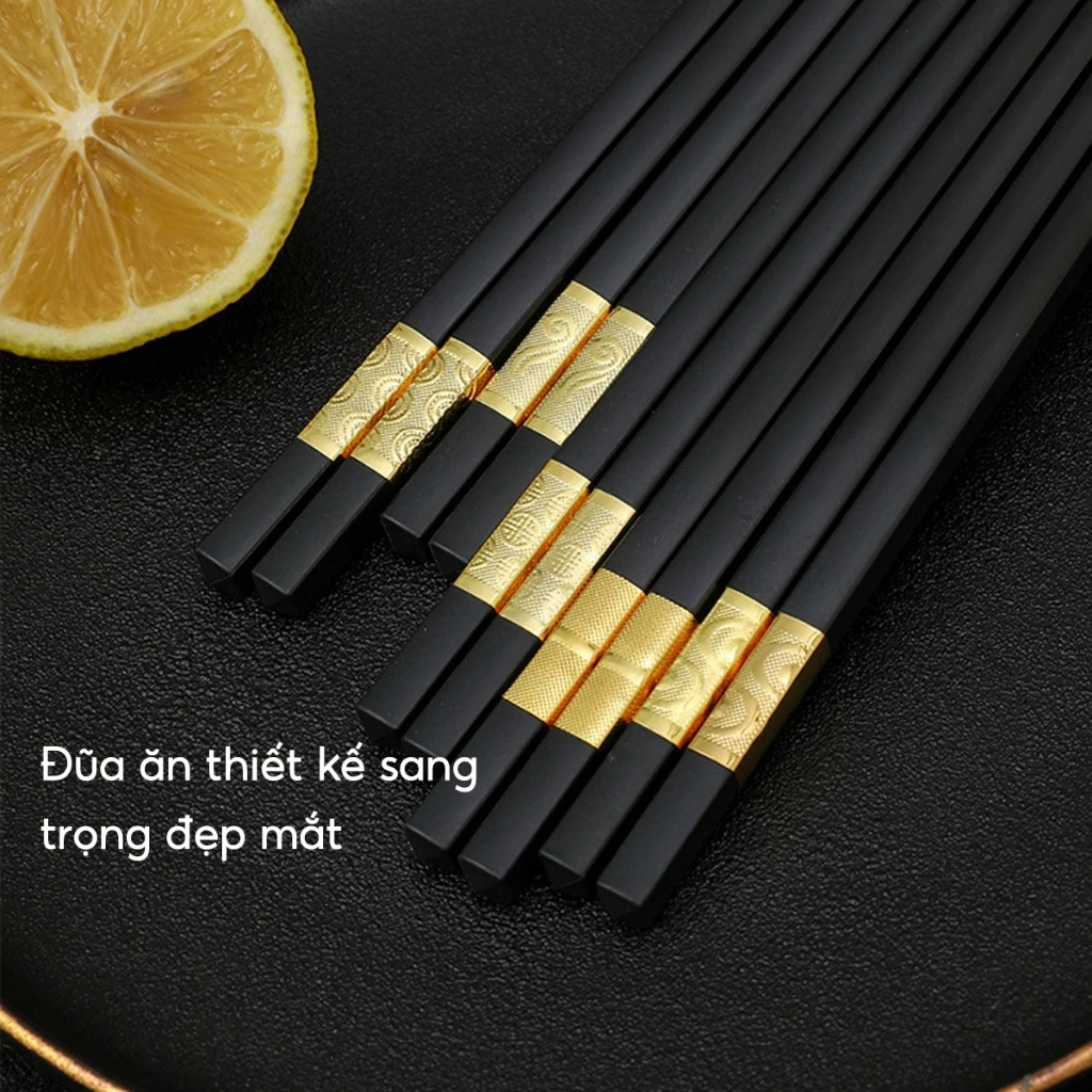 Bộ 10 Đôi Đũa Mạ Vàng, Đũa Hợp Kim Chống Mốc Hàn Quốc Đũa Ăn Chống Trơn Bền Màu Tiện Lợi