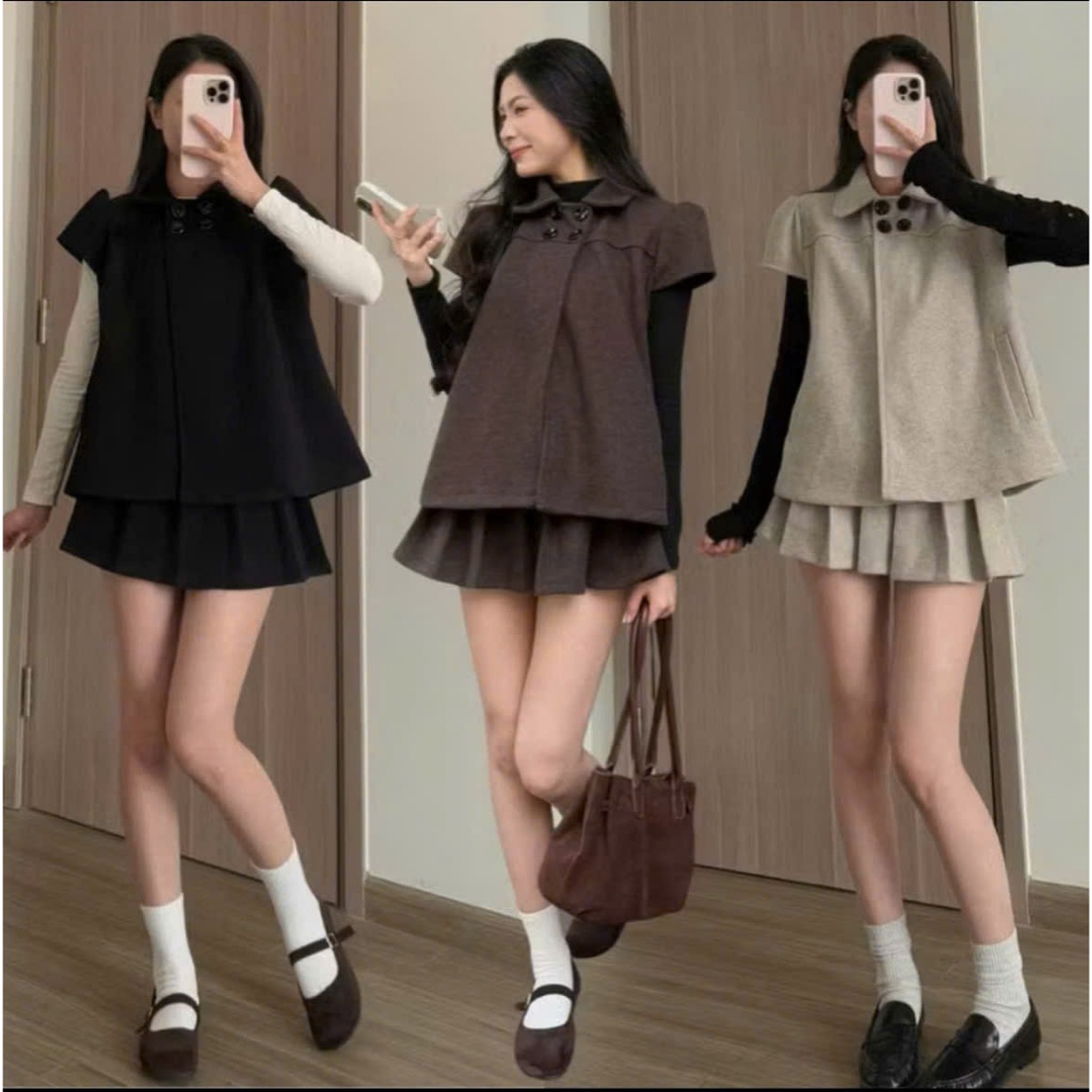 Set 2 Chi Tiết Gồm Áo Dạ Cổ Sen Cộc Tay & Chân Váy Ngắn Xếp Ly Thanh Lịch Mặc Tết (Ko kèm áo trong)