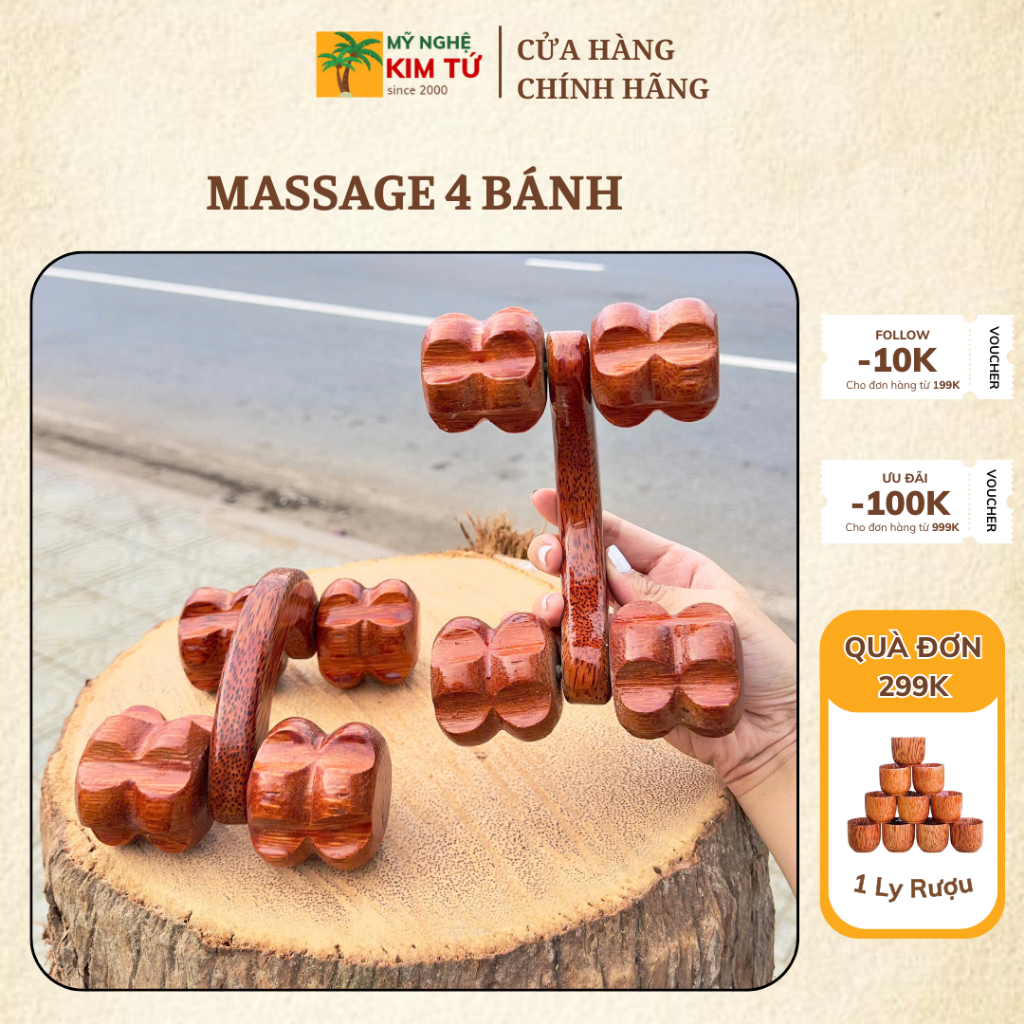 Cây Lăn Massage 4 Bánh Gỗ Dừa Cầm Tay Lăn Gọn Nhẹ & Dễ Dùng, Giúp Giảm Đau Mỏi Cơ Toàn Thân, Thư Giãn Tại Nhà - KIM TỨ