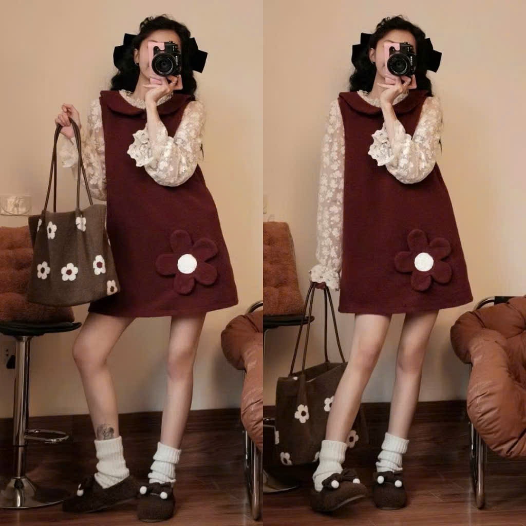 Váy Suông Đỏ Ba Lỗ Cổ Sen Đính Hoa Dưới Gấu, Váy Dạ Mềm Nữ Tính Thời Trang Nữ- Không kèm áo trong