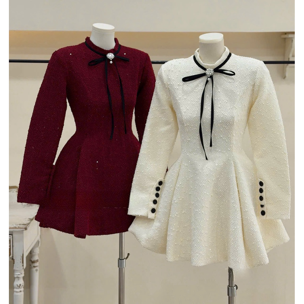MIU.STUDIO •”Emi dress” Đầm dạ tweed tiểu thư dài tay phối cổ nơ đá sang chảnh, Váy thiết kế dáng ngắn xoè thanh lịch
