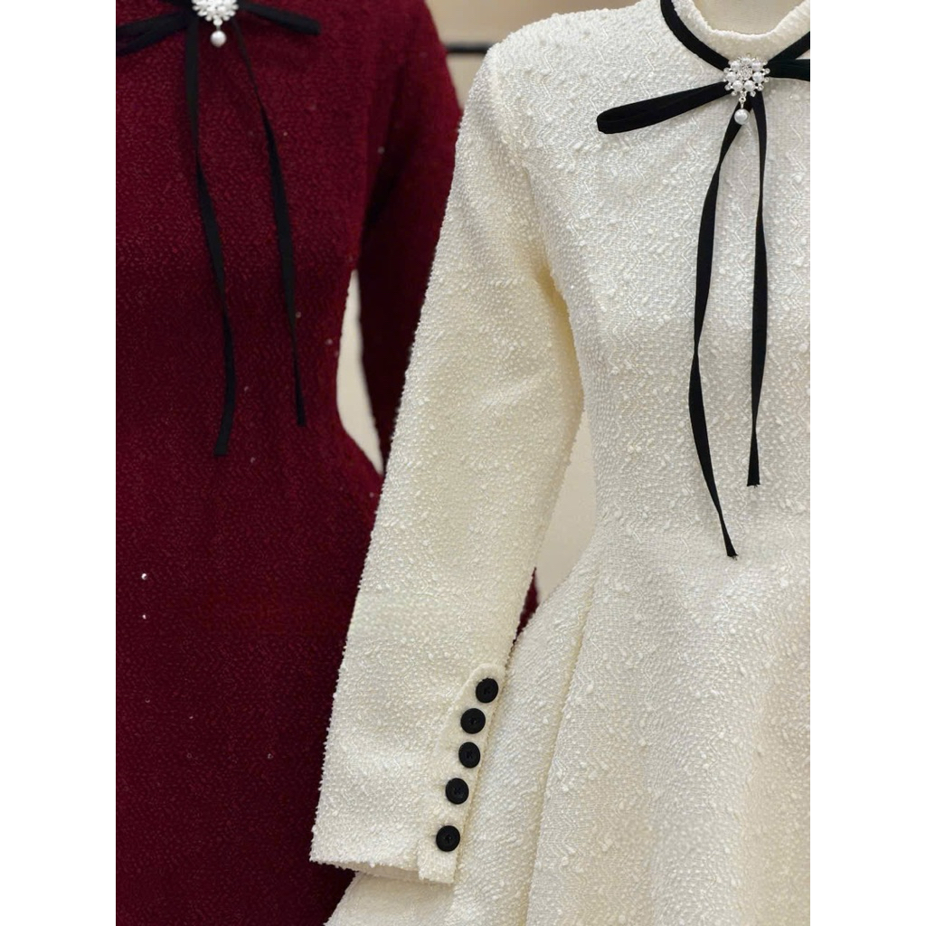 MIU.STUDIO •”Emi dress” Đầm dạ tweed tiểu thư dài tay phối cổ nơ đá sang chảnh, Váy thiết kế dáng ngắn xoè thanh lịch