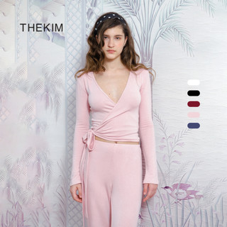 THEKIM Set Serene Wrap áo dài tay buộc dây eo phối quần suông dài , chất liệu thun tăm CS389