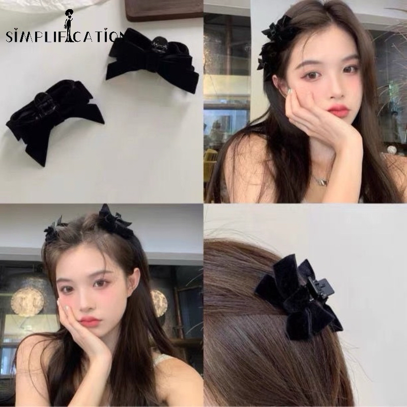 Kẹp Tóc Nơ Bằng Nhung Đen Phong Cách Vintage Ngọt Ngào - 1 set 2 chiếc (   hot)