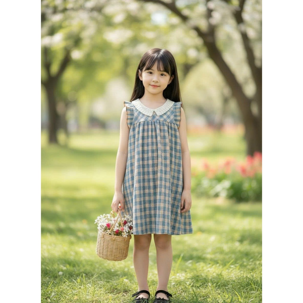 Váy Cho Bé Gái, Sát Nách Họa Tiết Kẻ Caro Phối Cổ Ren Chất Liệu 100% Cotton An Toàn Với Da Bé