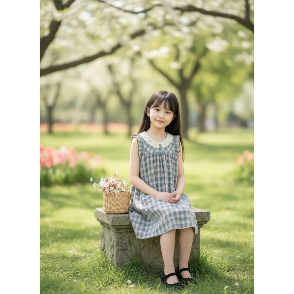 Váy Cho Bé Gái, Sát Nách Họa Tiết Kẻ Caro Phối Cổ Ren Chất Liệu 100% Cotton An Toàn Với Da Bé