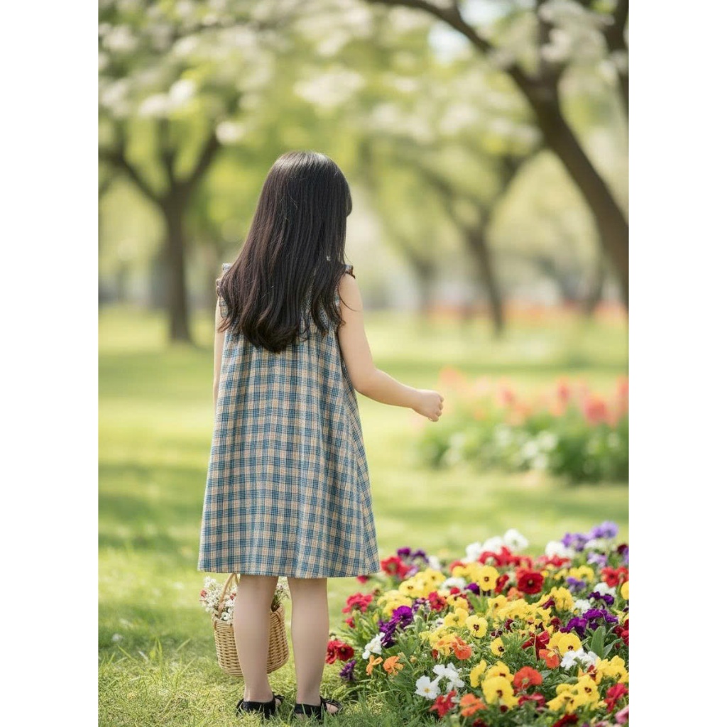 Váy Cho Bé Gái, Sát Nách Họa Tiết Kẻ Caro Phối Cổ Ren Chất Liệu 100% Cotton An Toàn Với Da Bé