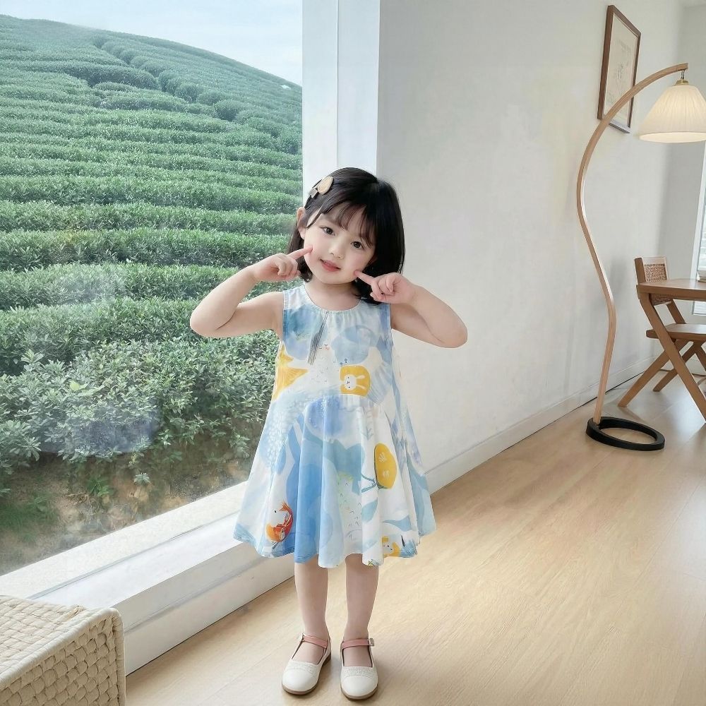 Váy Cho Bé Gái, Váy Suông Sát Nách Cho Bé Gái Họa Tiết Đáng Yêu Dáng Xòe Chất Liệu Mềm Mại