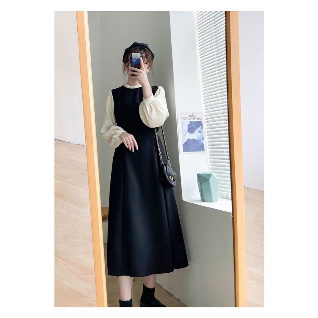 Váy dáng dài Đầm nữ sang trọng công sở bầu bigsize  cổ bèo phối tay lụa dài tay dây buộc sau tôn dáng form rộng T725G
