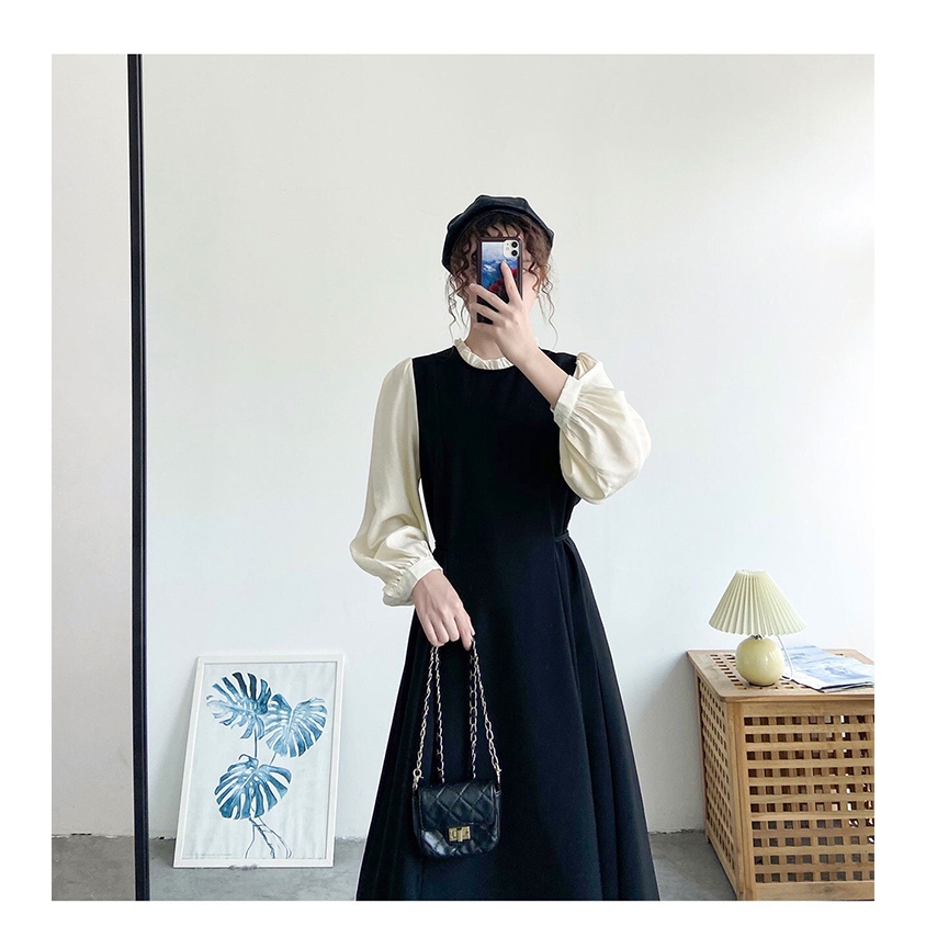 Váy dáng dài Đầm nữ sang trọng công sở bầu bigsize  cổ bèo phối tay lụa dài tay dây buộc sau tôn dáng form rộng T725G
