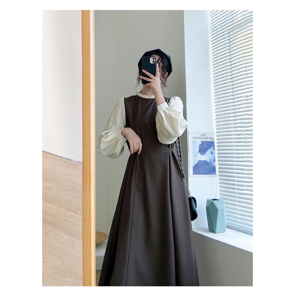 Váy dáng dài Đầm nữ sang trọng công sở bầu bigsize  cổ bèo phối tay lụa dài tay dây buộc sau tôn dáng form rộng T725G