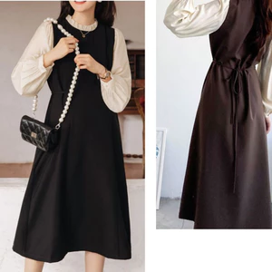 Váy dáng dài Đầm nữ sang trọng công sở bầu bigsize cổ bèo phối tay lụa dài tay dây buộc sau tôn dáng form rộng T725G