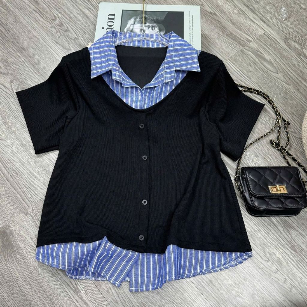 Áo Bigsize Nữ Phối Cổ Sơ Mi Dính Liền Dáng Rộng Che Bụng Mặc Đi Chơi Tết Đi Chúc Tết Thanh Lịch A338
