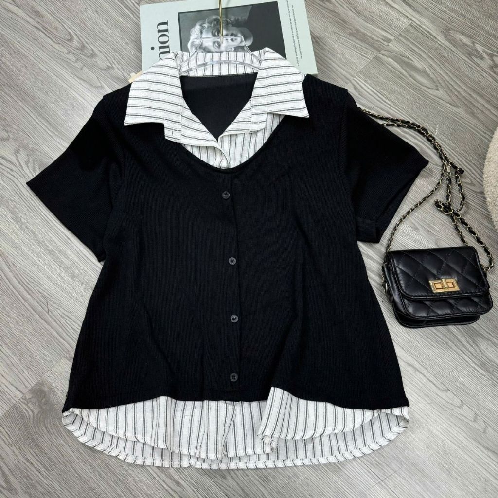Áo Bigsize Nữ Phối Cổ Sơ Mi Dính Liền Dáng Rộng Che Bụng Mặc Đi Chơi Tết Đi Chúc Tết Thanh Lịch A338