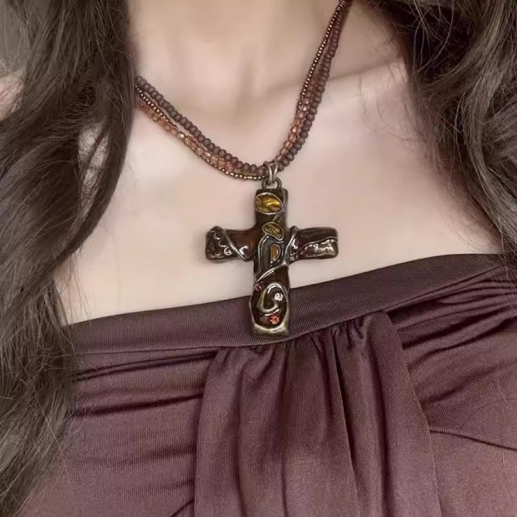 HOẢ TỐC Vòng Cổ Dài Mặt Dây Chuyền Chéo To GOTHY QUEMEO Cá Tính Cổ Điển Thời Trang