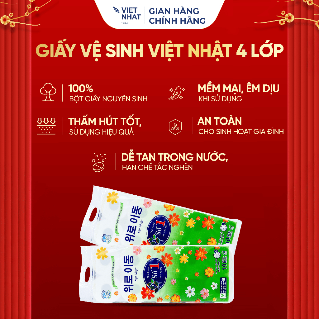 COMBO 2 Giấy Vệ Sinh Việt Nhật Số 1 Không Lõi/ Có Lõi 10 Cuộn 4 Lớp, Tan Nhanh, An Toàn, Thấm Hút Tốt, Chất Lượng