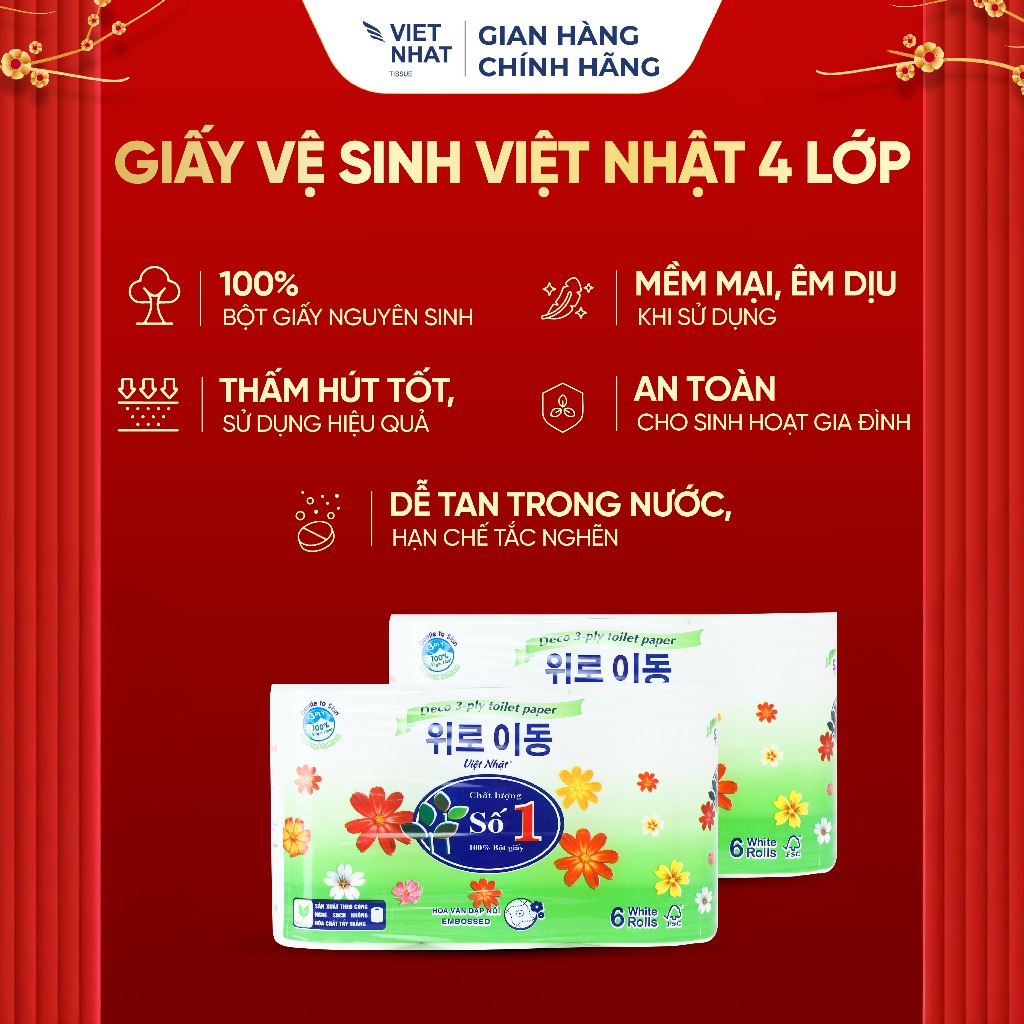 COMBO 2 Giấy Vệ Sinh Việt Nhật Số 1 Không Lõi 6 Cuộn 4 Lớp, Tan Nhanh, An Toàn, Thấm Hút Tốt, Đạt Chuẩn Chất Lượng