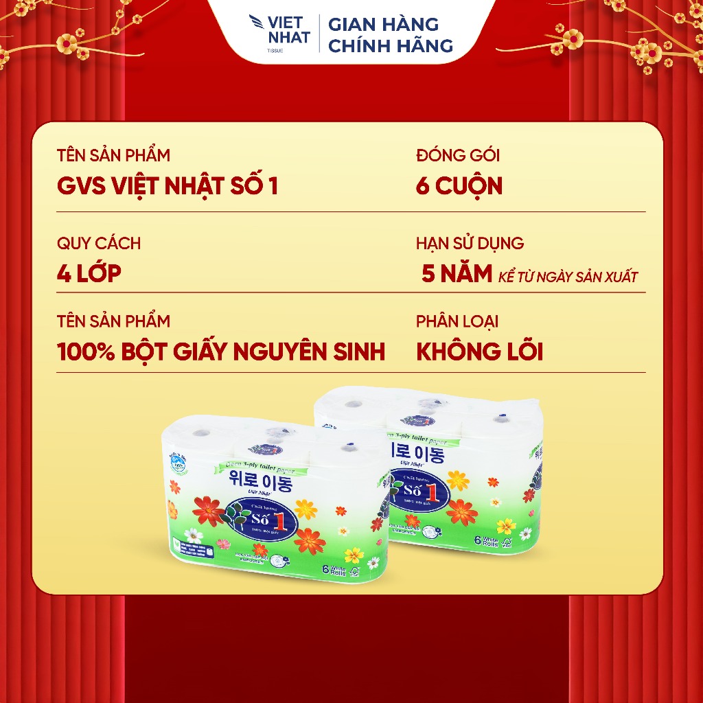 COMBO 2 Giấy Vệ Sinh Việt Nhật Số 1 Không Lõi 6 Cuộn 4 Lớp, Tan Nhanh, An Toàn, Thấm Hút Tốt, Đạt Chuẩn Chất Lượng