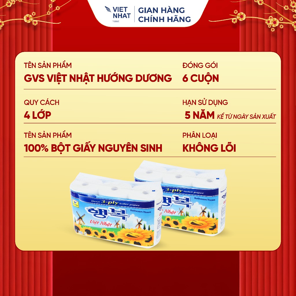Giấy Vệ Sinh Việt Nhật Hướng Dương 6 Cuộn 4 Lớp, Không Lõi Tan Nhanh, An Toàn, Thấm Hút Tốt, Đạt Chuẩn Chất Lượng
