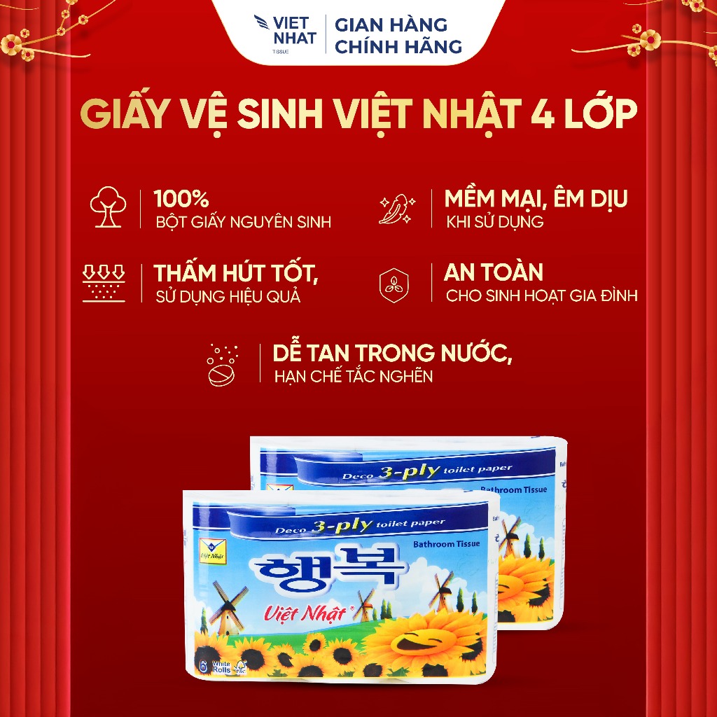 Giấy Vệ Sinh Việt Nhật Hướng Dương 6 Cuộn 4 Lớp, Không Lõi Tan Nhanh, An Toàn, Thấm Hút Tốt, Đạt Chuẩn Chất Lượng