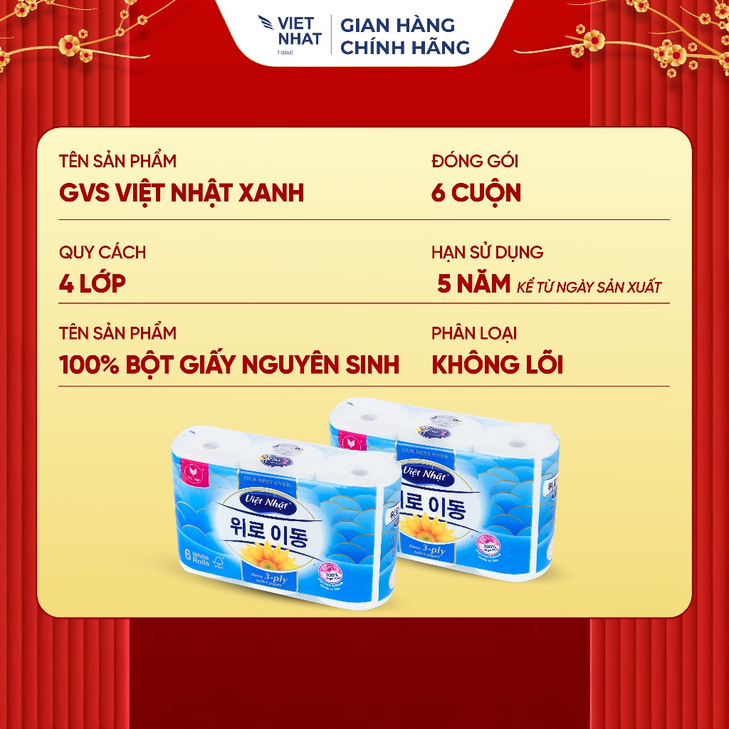 Giấy Vệ Sinh Việt Nhật Xanh 6 Cuộn 4 Lớp, Không Lõi Tan Nhanh, An Toàn, Thấm Hút Tốt, Đạt Chuẩn Chất Lượng