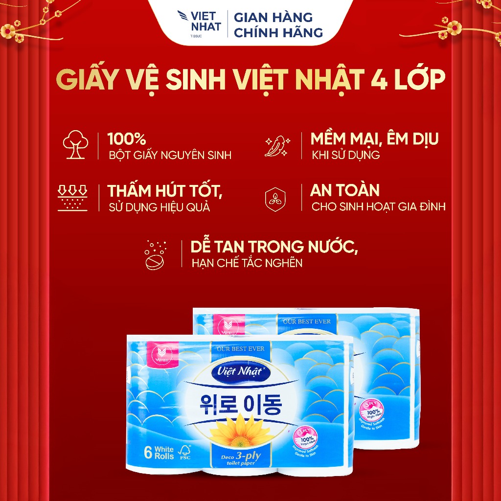 Giấy Vệ Sinh Việt Nhật Xanh 6 Cuộn 4 Lớp, Không Lõi Tan Nhanh, An Toàn, Thấm Hút Tốt, Đạt Chuẩn Chất Lượng