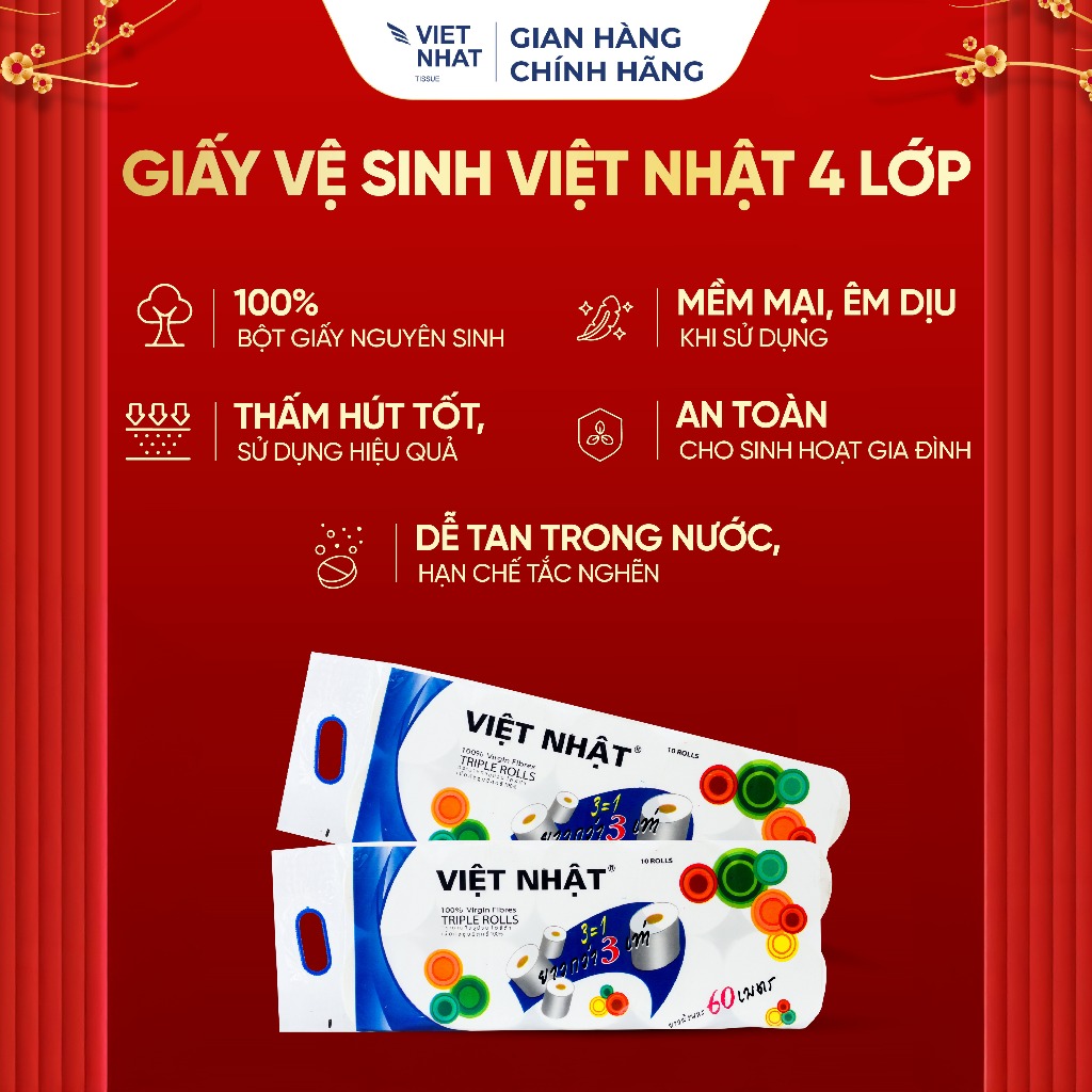 Giấy Vệ Sinh Việt Nhật Bóng Không Lõi/Có Lõi 10 Cuộn 4 Lớp Tan Nhanh, An Toàn, Thấm Hút Tốt, Đạt Chuẩn Chất Lượng
