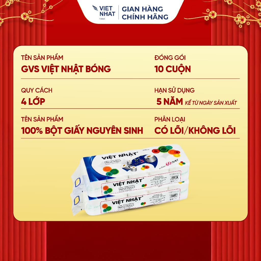Giấy Vệ Sinh Việt Nhật Bóng Không Lõi/Có Lõi 10 Cuộn 4 Lớp Tan Nhanh, An Toàn, Thấm Hút Tốt, Đạt Chuẩn Chất Lượng