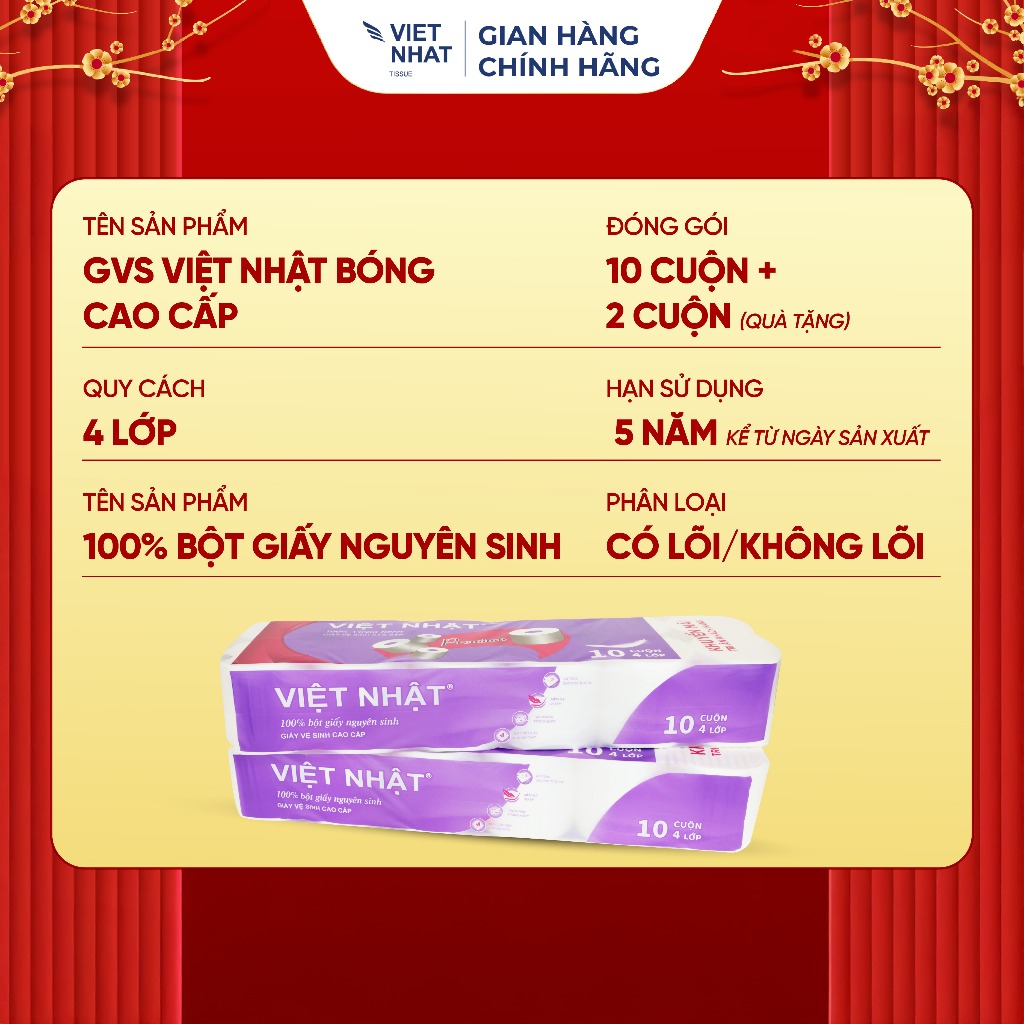 [TẶNG 2 CUỘN] COMBO 2 Giấy Vệ Sinh Việt Nhật Bóng Cao Cấp 10 Cuộn 4 Lớp, Không Lõi/ Có Lõi Mềm Mịn, Tan Nhanh
