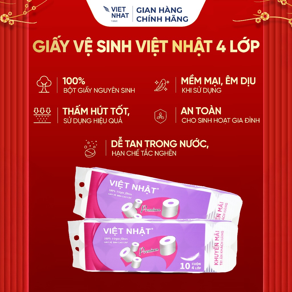 [TẶNG 2 CUỘN] COMBO 2 Giấy Vệ Sinh Việt Nhật Bóng Cao Cấp 10 Cuộn 4 Lớp, Không Lõi/ Có Lõi Mềm Mịn, Tan Nhanh