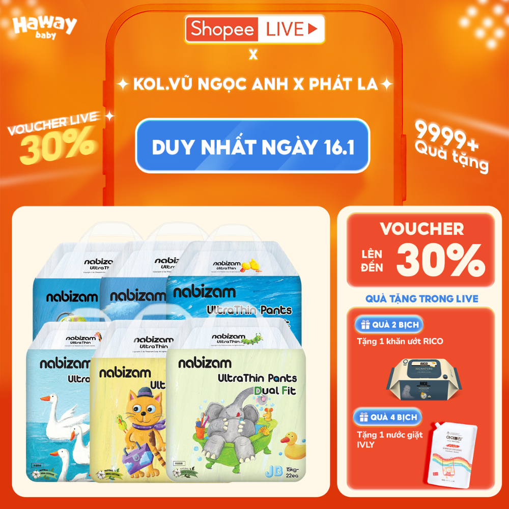 Combo 4 Tã Bỉm Quần NABIZAM ULTRA THIN 4 Mùa, Mềm Mại, Thấm Hút Vượt Trội Size M-4XL Cho Bé 6-24kg+ HAWAY