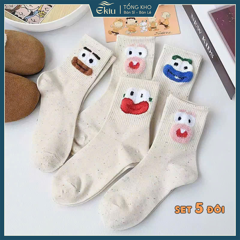 Tất vớ cổ trung họa tiết mặt cười trending, chất liệu cotton co giãn thoáng khí - Ekiu Shop
