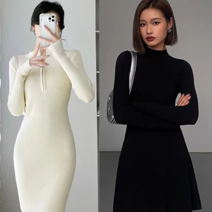 Đầm nữ tôn dáng basic đi chơi đi làm slimfit trẻ trungVáy cổ 3cm khóa kéo ôm body dài tay dáng ngắn T1033G