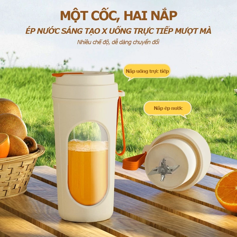 Máy Xay Sinh Tố Máy Xay Cầm Tay 12 Lưỡi Dao Dung Tích Lớn 340 ML, Nắp Đôi, Nhấn 2 Lần Để Bật