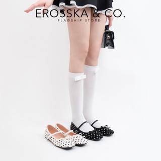 Erosska - Giày búp bê nữ đế bệt mũi vuông phối nơ màu trắng chấm bi cao 1cm - EL104