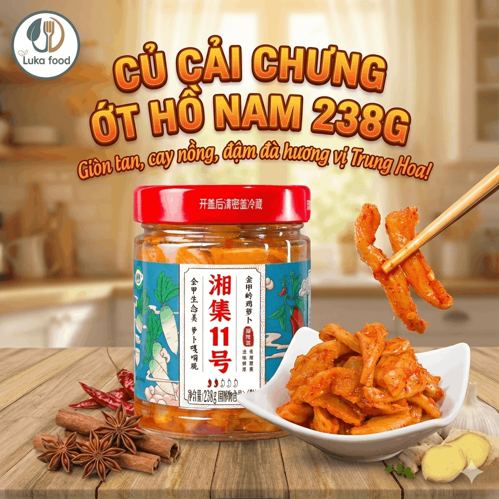 Củ Cải Tươi Chưng Ớt Hồ Nam Số 11 Xiangyi 238g- Vị Giòn Rôm Rốp, Sốt Dầu Hào Đậm Đà, Cay Thơm, Ăn Kèm Cháo/Mì Luka Food