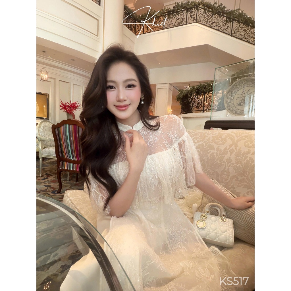Set ren dài Khiết phối kim sa kem lấp lánh, phong cách tiểu thư sang trọng KS517