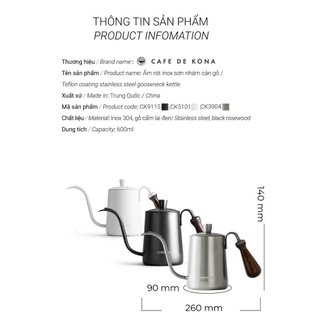 Volcano Ấm bình rót nước nóng pha cà phê bằng inox, cán gỗ Cafede Kona, ấm rót nước cổ ngỗng