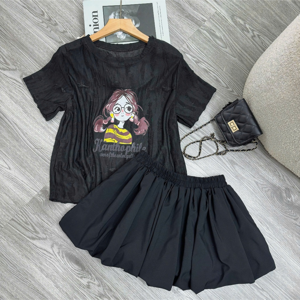 Set Đồ Nữ Áo Thun Hình Cô Gái Phối Chân Váy–Bộ Đồ Đi Chơi, Dạo Phố, Năng Động Trẻ Trung A287+CV413
