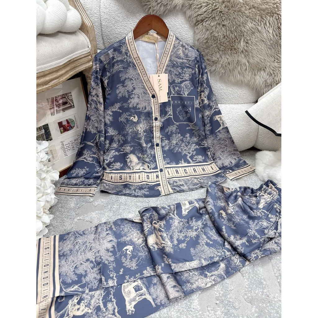 Bộ lụa mặc nhà Sam Luxury Cao Cấp tone xanh than sang xịn