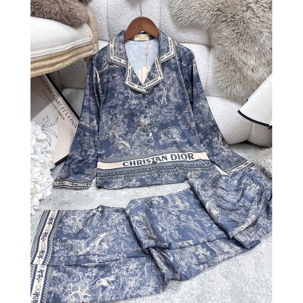 Bộ lụa mặc nhà Sam Luxury Cao Cấp tone xanh than sang xịn