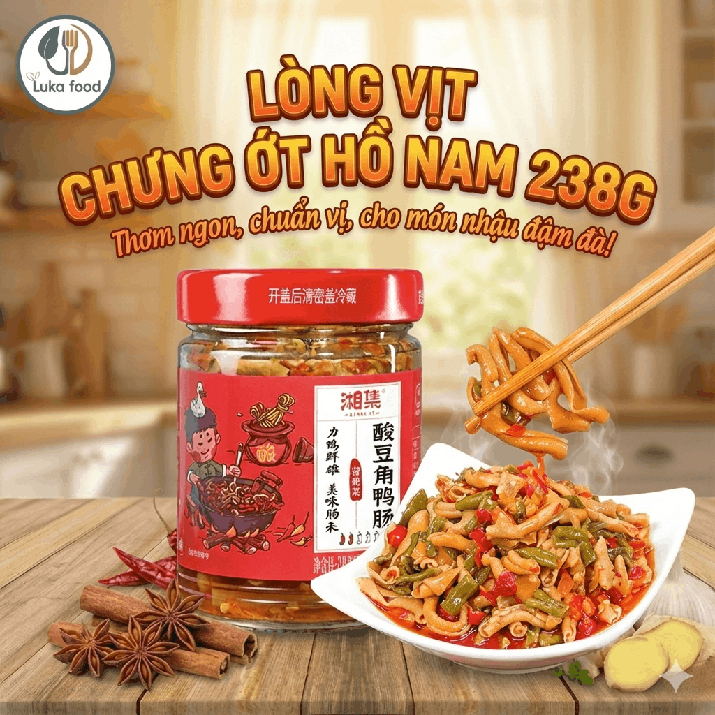 Lòng Vịt Chưng Ớt Hồ Nam Xiangyi Hũ 230g- Vị Cay Tê, Giòn Sần Sật, Có Đậu Đũa & Vừng Lạc, Topping Trộn Mì, Bún Ốc Luka