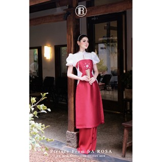 Bộ Áo Dài Cao Cấp LA Rosa Màu Đỏ Phối Trắng Nổi Bật Đính Hoa Kèm Charm Cài Tiểu Thư AD1038